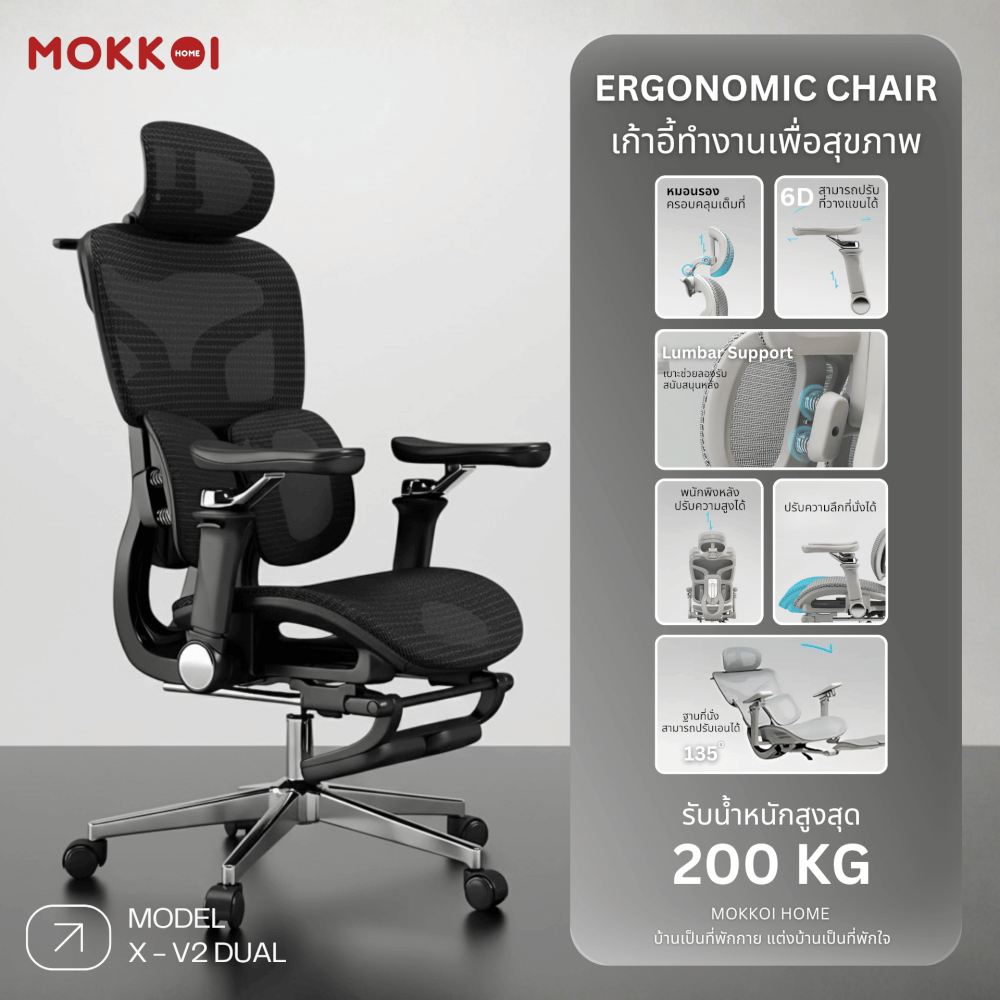 เก้าอี้ทำงานเพื่อสุขภาพ MOKKOI HOME รุ่น X-V2 DUAL สีดำ ปรับที่วางแขนได้