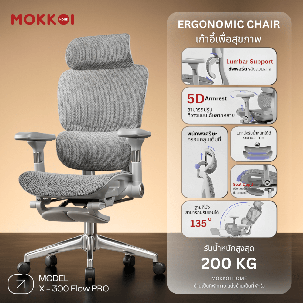 เก้าอี้ทำงานเพื่อสุขภาพ MOKKOI HOME รุ่น X - 300 FLOW PRO สีเทา ปรับที่วางแขนได้