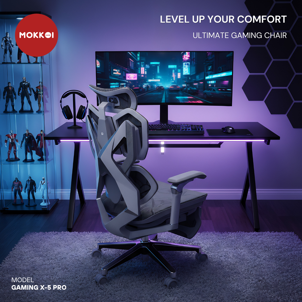 เก้าอี้เกมมิ่งเพื่อสุขภาพ MOKKOI HOME รุ่น X-5 PRO สีเทา ปรับความลึกเบาะได้