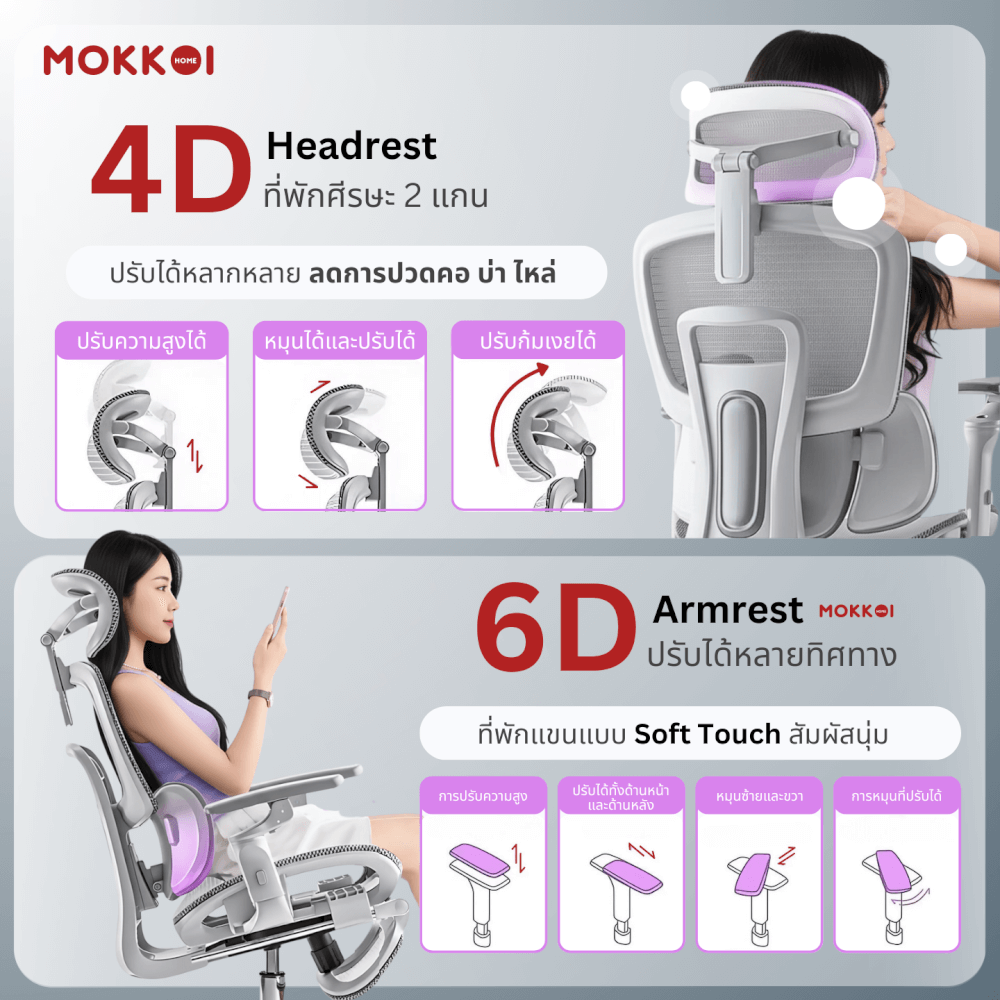 เก้าอี้ทำงานเพื่อสุขภาพ MOKKOI HOME รุ่น X-360 MAX สีเทา ปรับที่วางแขนได้