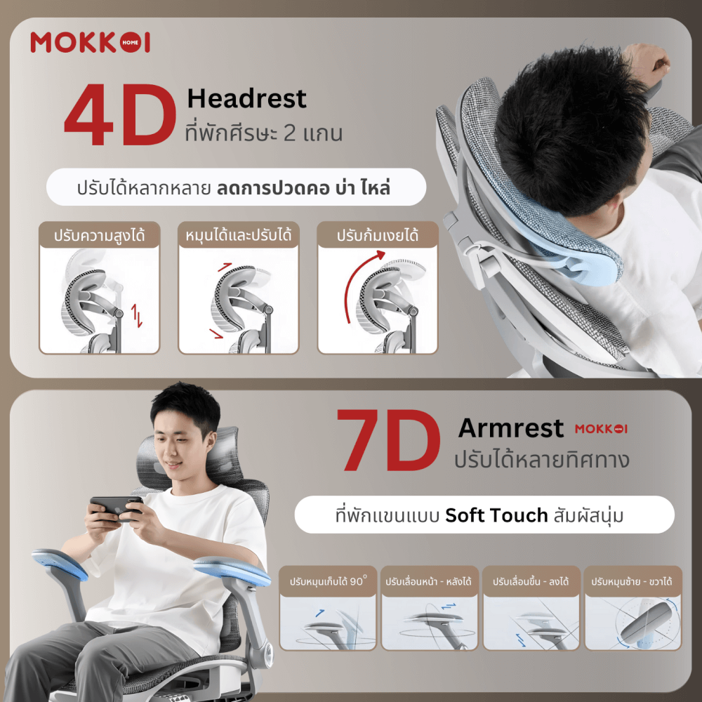 เก้าอี้ทำงานเพื่อสุขภาพ MOKKOI HOME รุ่น X-390 สีเทา ปรับที่วางแขนได้