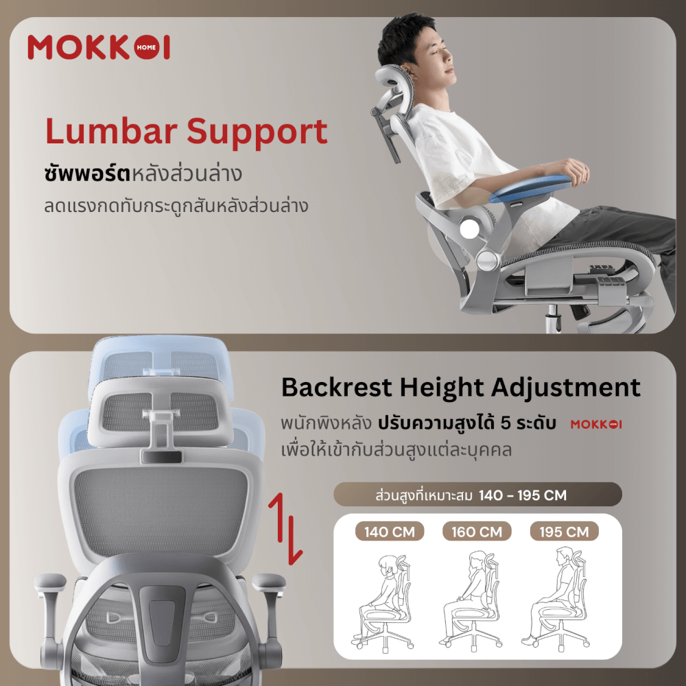 เก้าอี้ทำงานเพื่อสุขภาพ MOKKOI HOME รุ่น X-390 สีเทา ปรับที่วางแขนได้