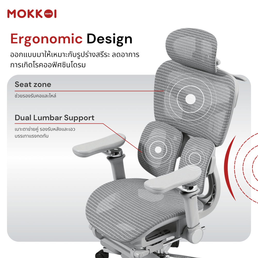เก้าอี้ทำงานเพื่อสุขภาพ MOKKOI HOME รุ่น X-V2 DUAL สีเทา ปรับที่วางแขนได้