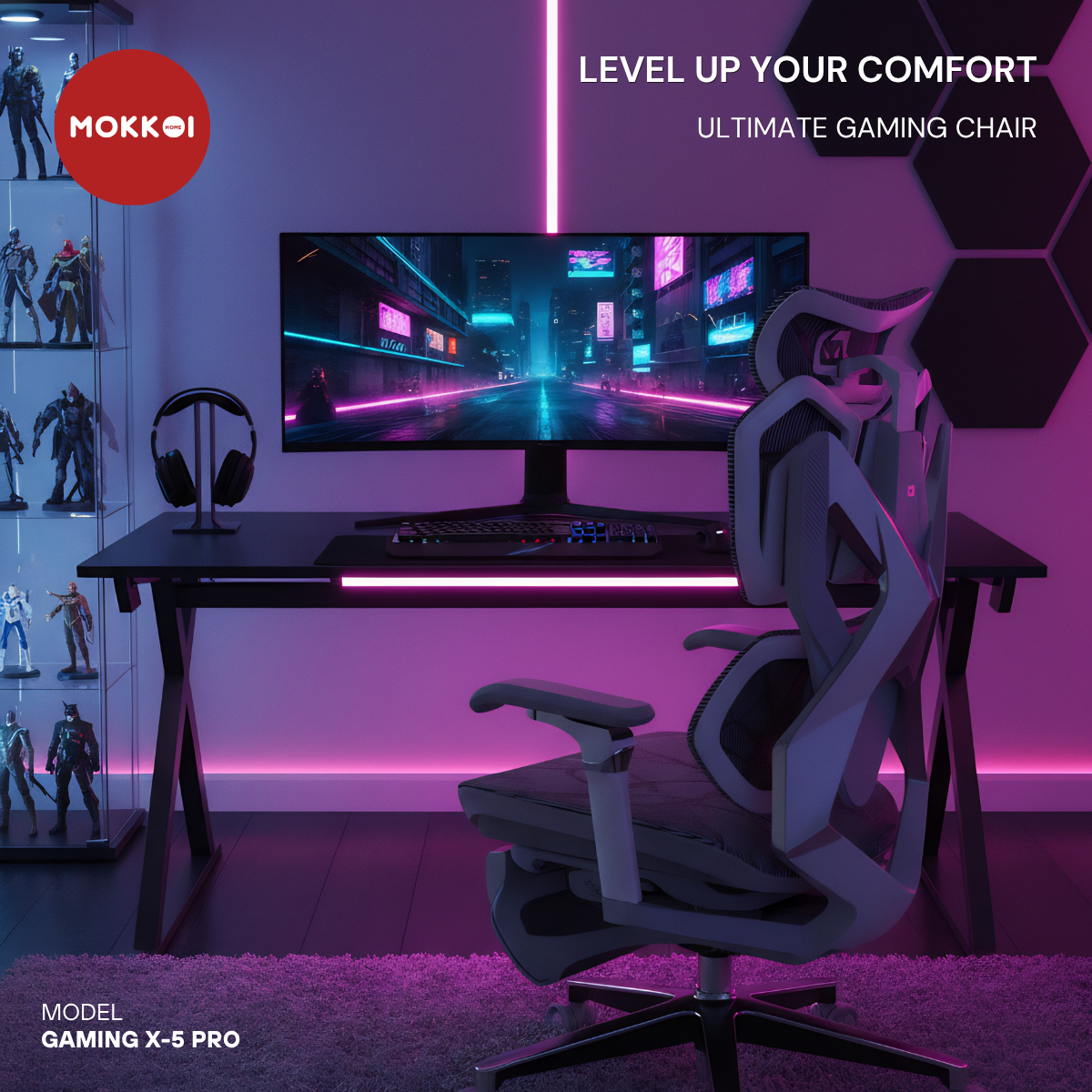เก้าอี้เกมมิ่งเพื่อสุขภาพ MOKKOI HOME รุ่น X-5 PRO สีเทา ปรับความลึกเบาะได้