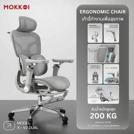 เก้าอี้ทำงานเพื่อสุขภาพ MOKKOI HOME รุ่น X-V2 DUAL สีเทา ปรับที่วางแขนได้_1