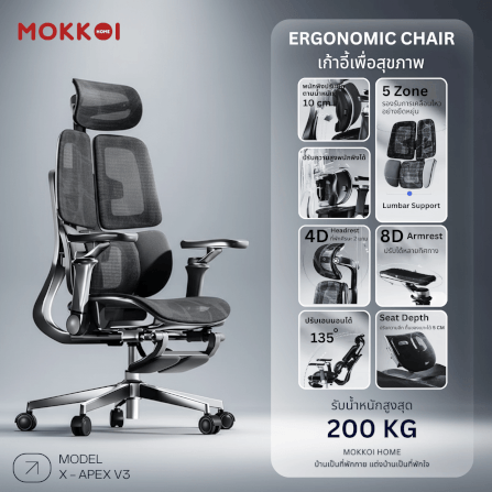 เก้าอี้ทำงานเพื่อสุขภาพ MOKKOI HOME รุ่น X - APEX V3 สีดำ ปรับที่วางแขนได้_1