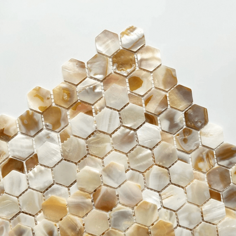 โมเสคเปลือกหอย TIMELESS TILES รุ่น PEARL SEASHELL MOSAIC 30 X 30 ซม. สีขาวน้ำตาล CHAMPANGE WHITE ทรงหกเหลี่ยม ผิวเงา_3