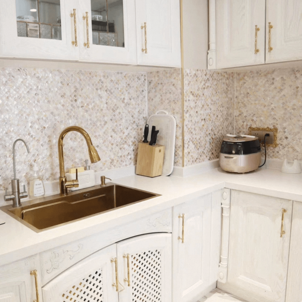 โมเสคเปลือกหอย TIMELESS TILES รุ่น PEARL SEASHELL MOSAIC 30 X 30 ซม. สีเบจ AMBER BEIGE ทรงพัด ผิวเงา_4