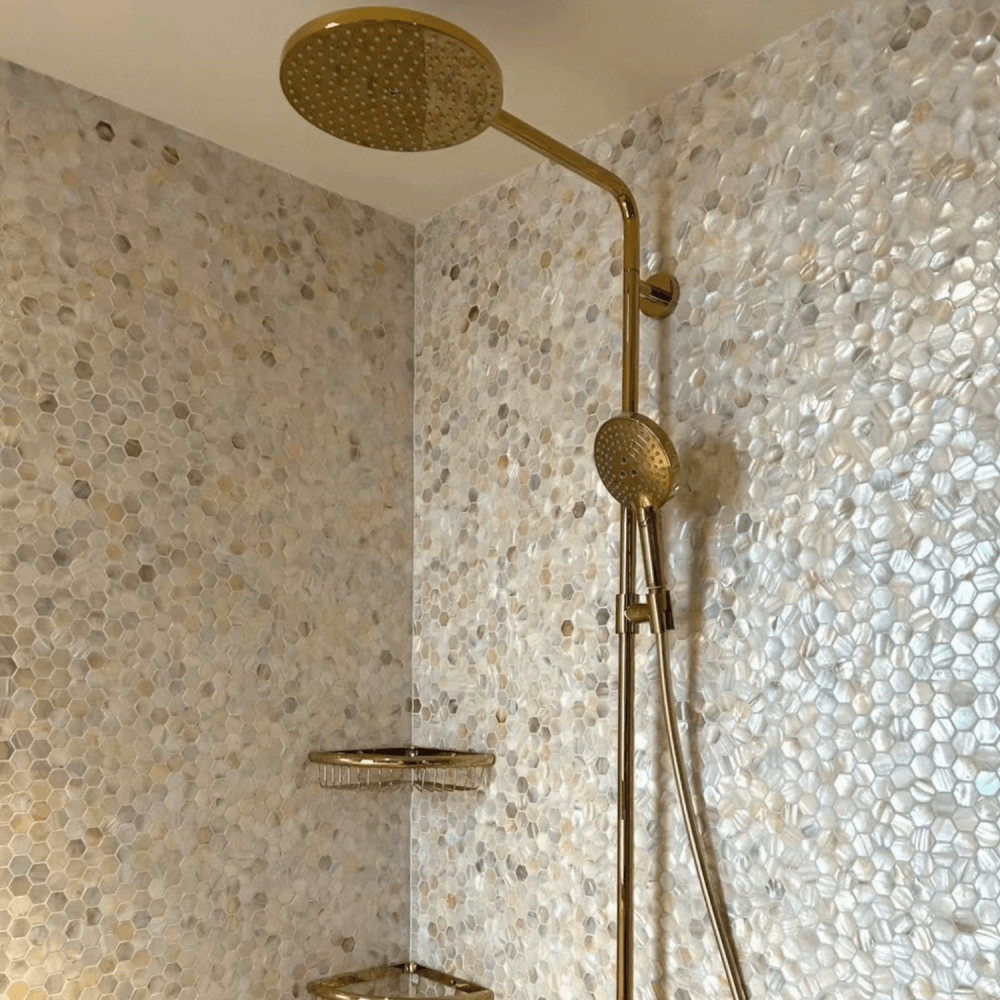 โมเสคเปลือกหอย TIMELESS TILES รุ่น PEARL SEASHELL MOSAIC 30 X 30 ซม. สีขาวน้ำตาล CHAMPANGE WHITE ทรงหกเหลี่ยม ผิวเงา_5
