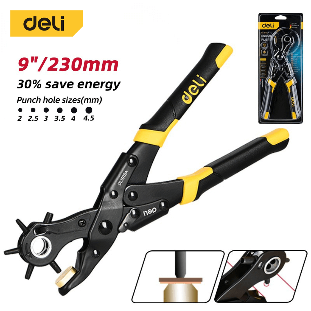 คีมเจาะรูหนัง DELI DL1919A-YL-01 เจาะได้ 6ขนาด สีเหลือง-ดำ