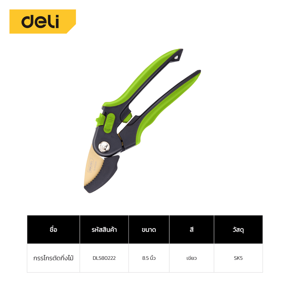 กรรไกรตัดกิ่ง DELI DL580222-GN-01 8.5นิ้ว สีเขียว