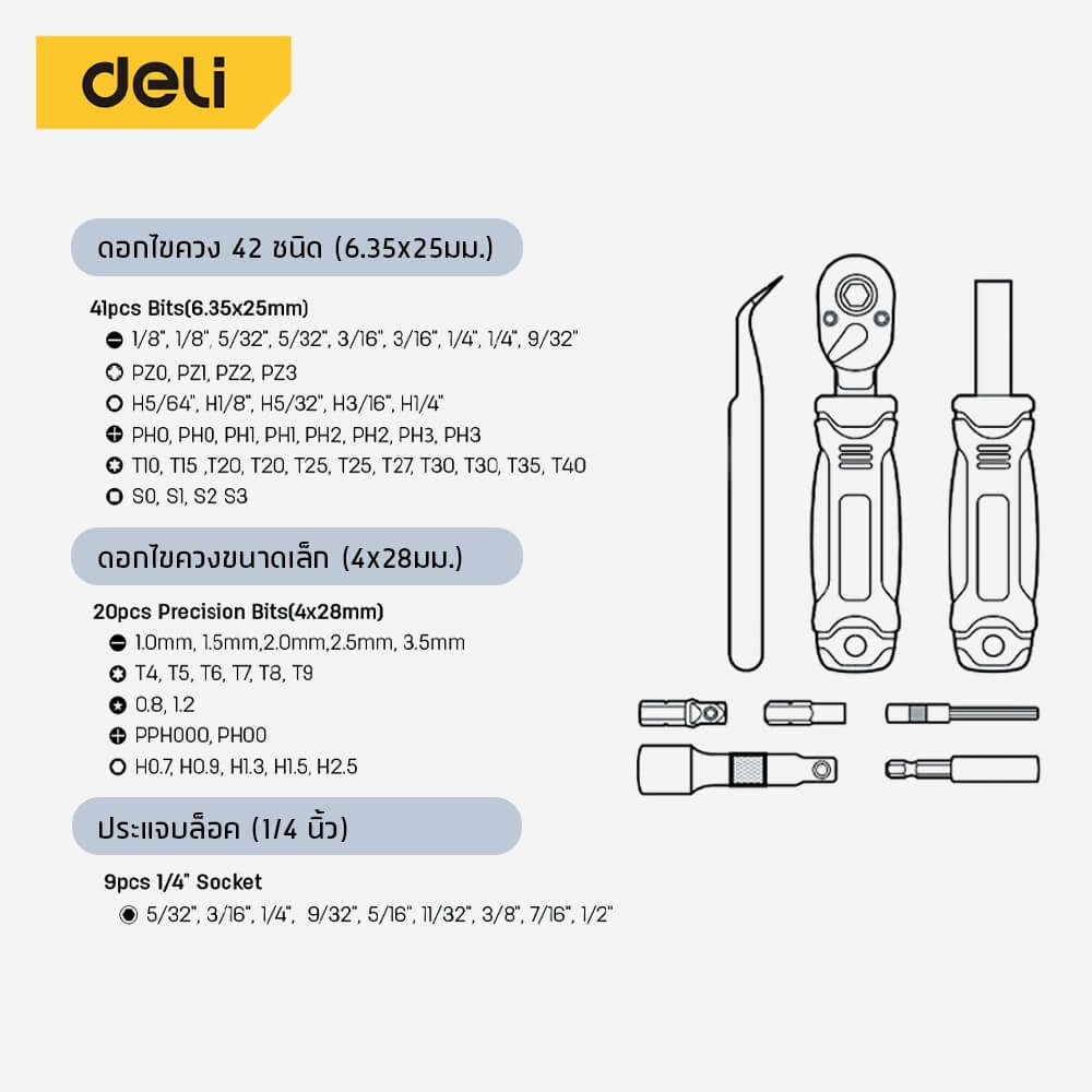 ชุดไขควงเปลี่ยนหัว DELI EDL250078-YL-01 78ชิ้น