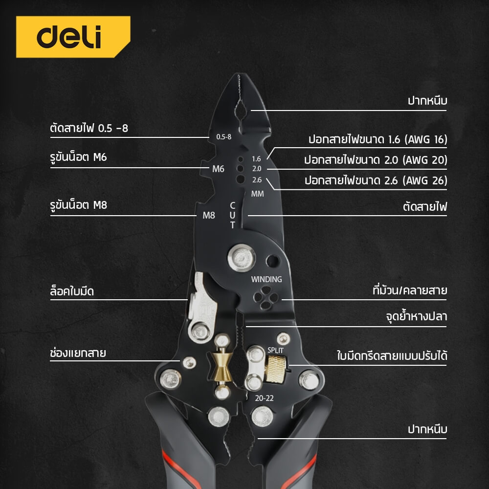 คีมปอกสายไฟ DELI EDL383014-BK-01 27IN1 8นิ้ว