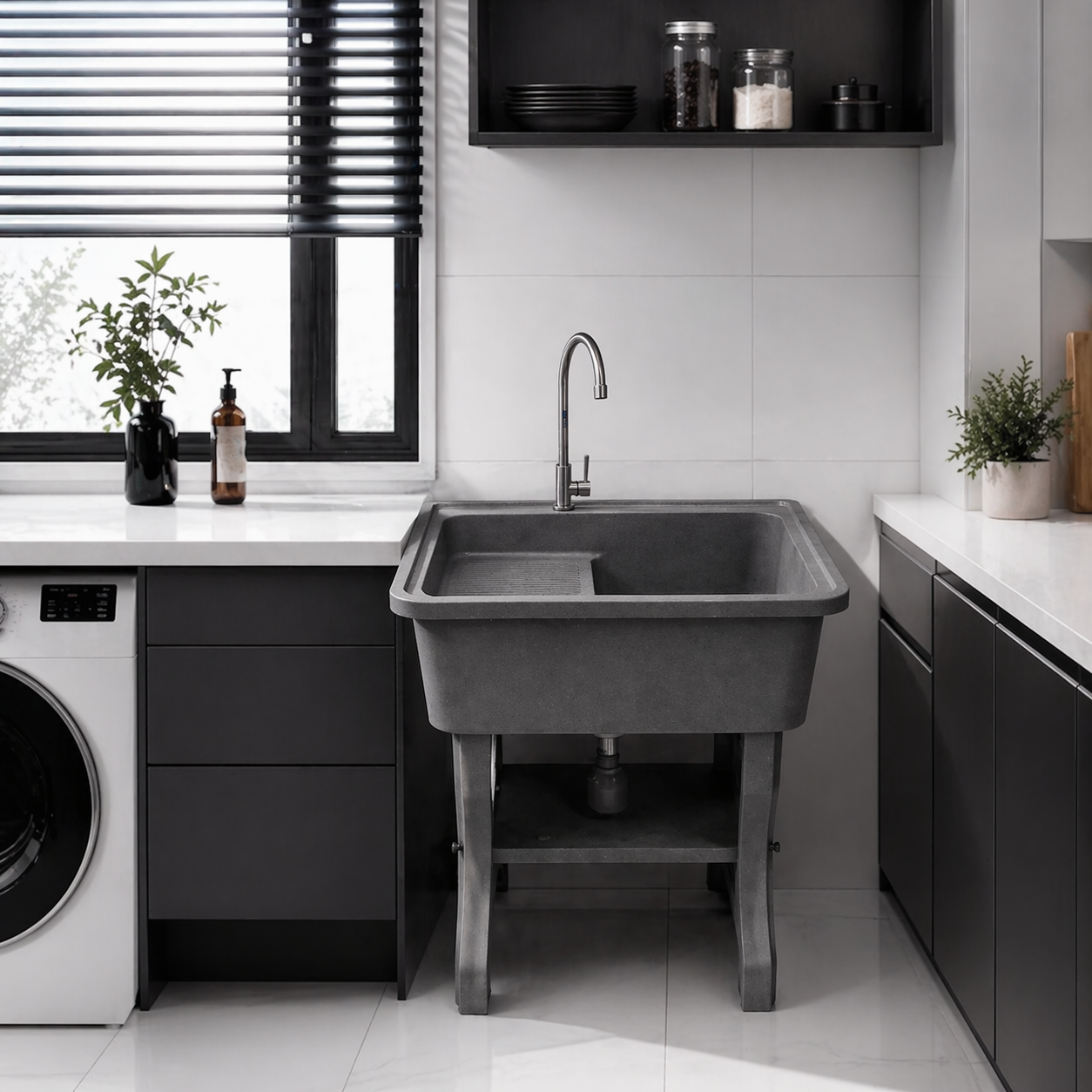 อ่างล้างจานขาตั้ง หินควอตซ์ 1 หลุม 1 ที่พัก DINOSAUR WASHTUB ขนาด 80X60X23ซม. สีดำ_1