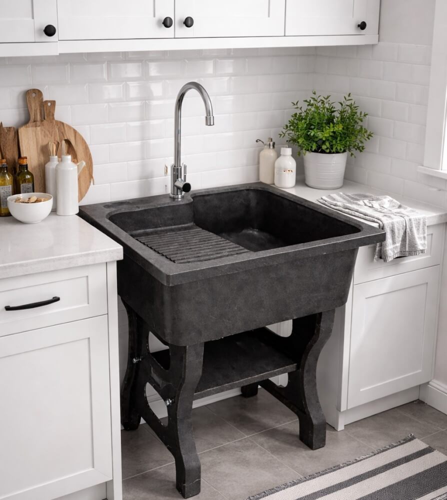 อ่างล้างจานขาตั้ง หินควอตซ์ 1 หลุม 1 ที่พัก DINOSAUR WASHTUB ขนาด 70X57X80ซม. สีดำ_2