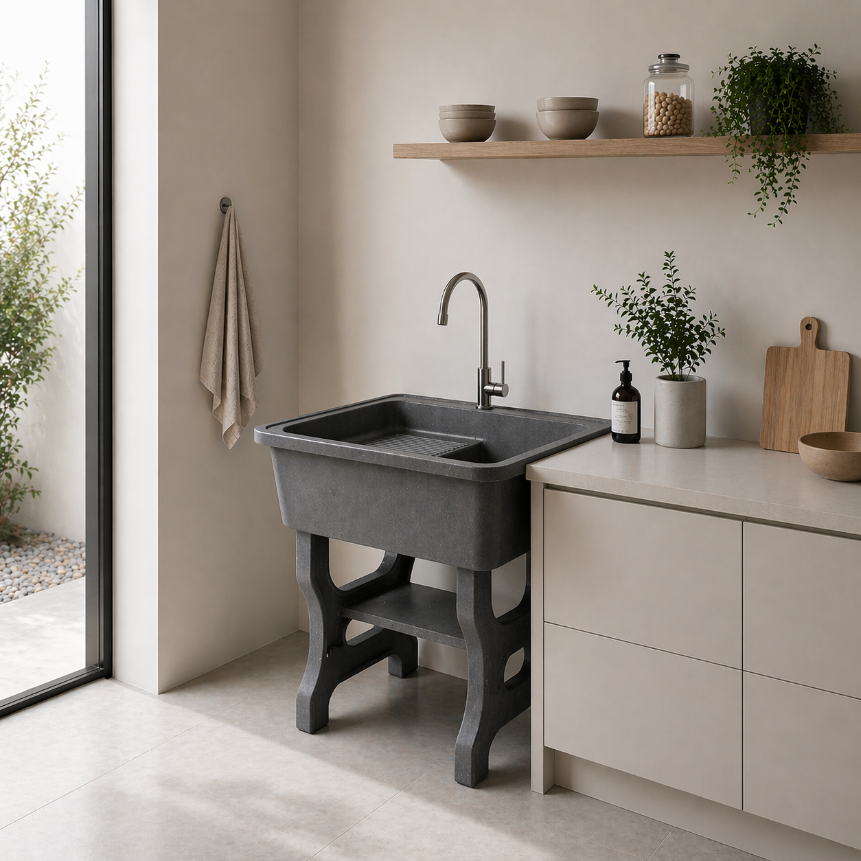 อ่างล้างจานขาตั้ง หินควอตซ์ 1 หลุม 1 ที่พัก DINOSAUR WASHTUB ขนาด 70X57X80ซม. สีดำ_2