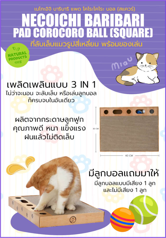 ที่ลับเล็บเเมวทรงสี่เหลี่ยม พร้อมของเล่น NECOICHI BARIBARI