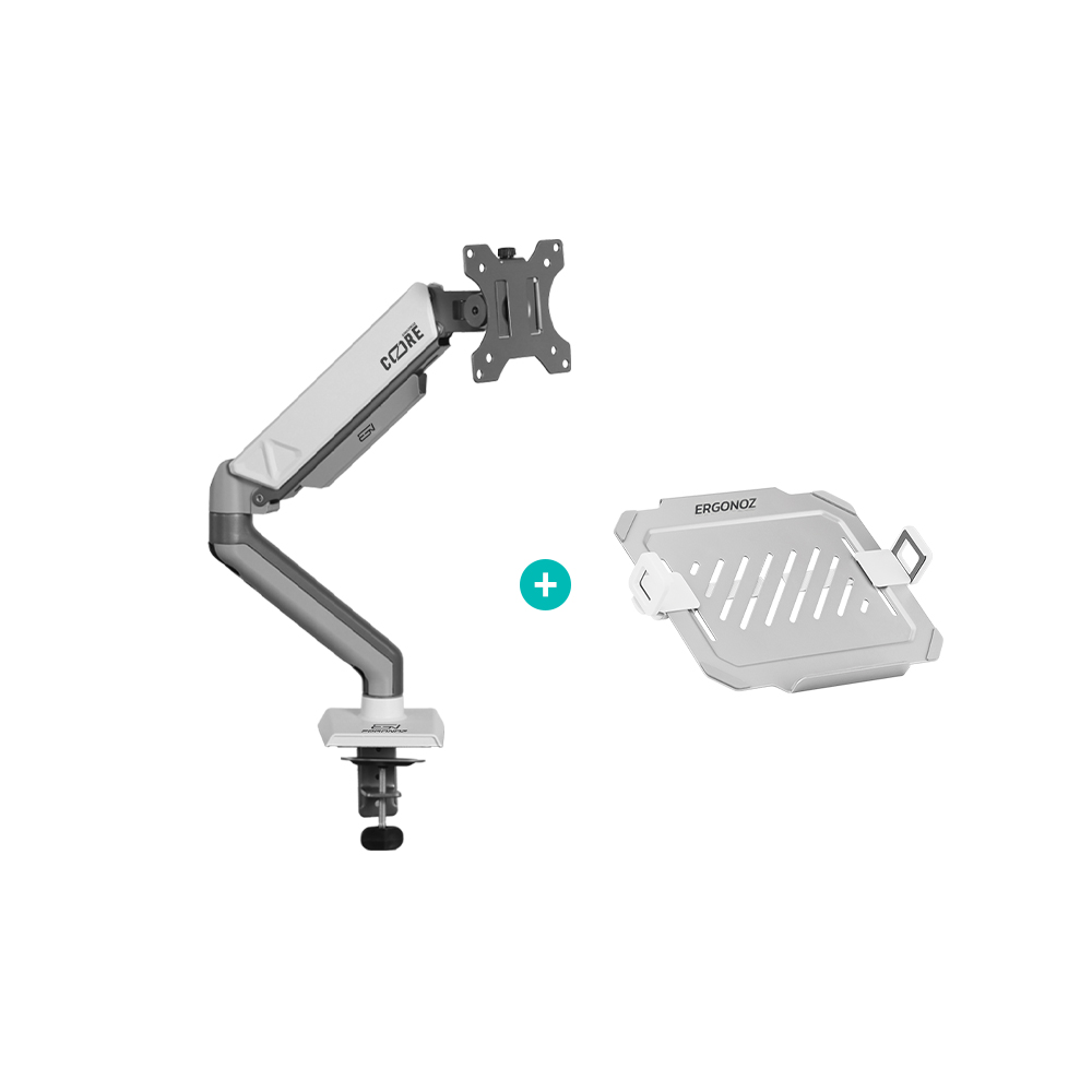 แขนจับจอ ERGONOZ รุ่น CORE แขนเดี่ยว สำหรับหน้าจอ 17 - 32 นิ้ว สีเทาเข้มและขาว พร้อมที่วางแล็ปท็อป V.3 สีขาว (EGN-C-S-G-ACC01V3-W)_0
