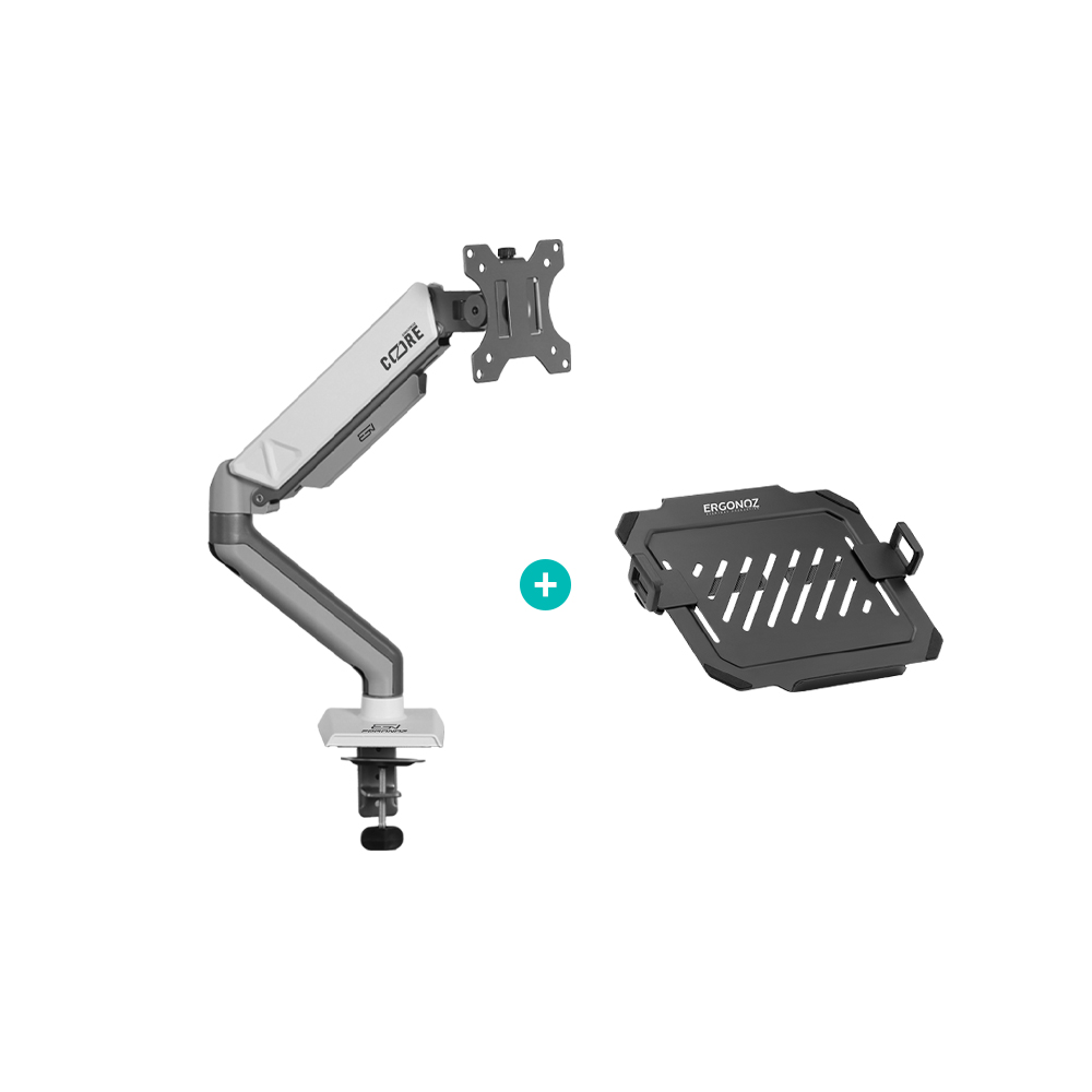 แขนจับจอ ERGONOZ รุ่น CORE แขนเดี่ยว สำหรับหน้าจอ 17 - 32 นิ้ว สีเทาเข้มและขาว พร้อมที่วางแล็ปท็อป V.3 สีดำ (EGN-C-S-G-ACC01V3-B)_1