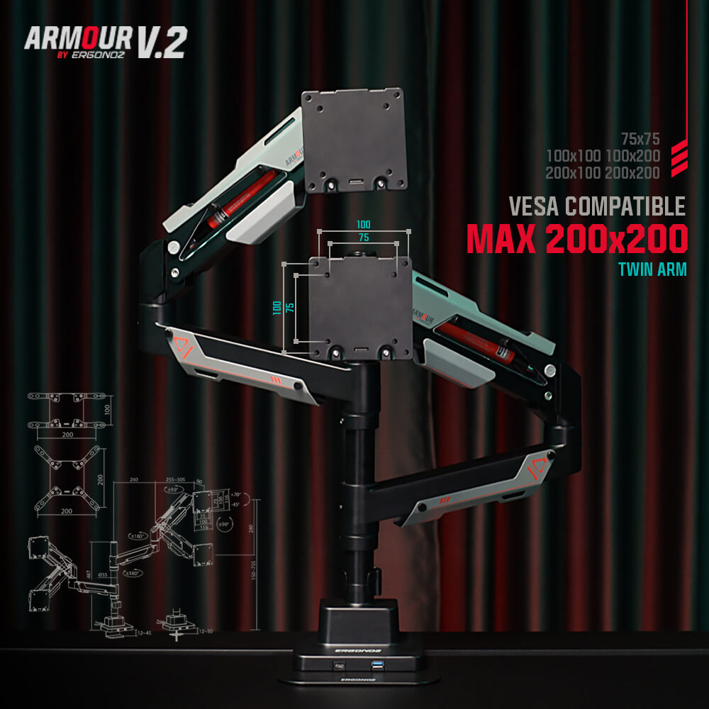 แขนจับจอ ERGONOZ รุ่น ARMOUR V.2 แขนคู่ สำหรับหน้าจอ 24 - 57 นิ้ว สีเทาเข้มและดำด้าน (EGN-ARMOURV2-D)_2