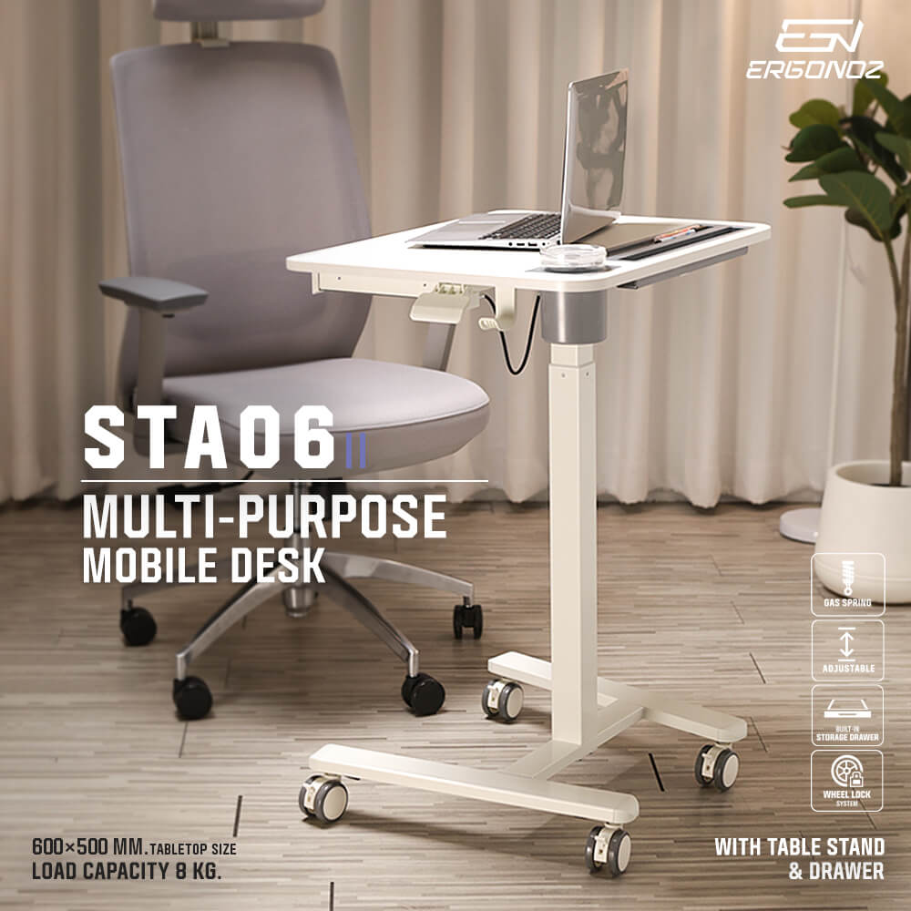โต๊ะทำงานปรับระดับได้ มีแท่นวาง ลิ้นชัก และล้อเลื่อน ERGONOZ EGN-STA06-W, สีขาว (MULIT-PURPOSE MOBILE DESK WITH TABLE STAND & DRAWER)_2