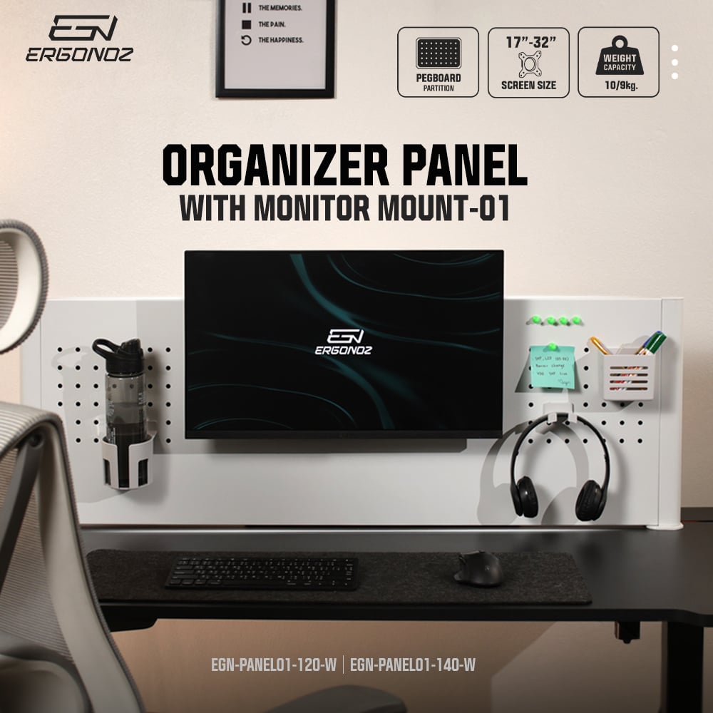 แผงบอร์ดสำหรับแขวนอุปกรณ์  ERGONOZ EGN-PANEL01-120-W, สีขาว (แผงจัดระเบียบพร้อมแขนจับจอมอนิเตอร์ 01)_2