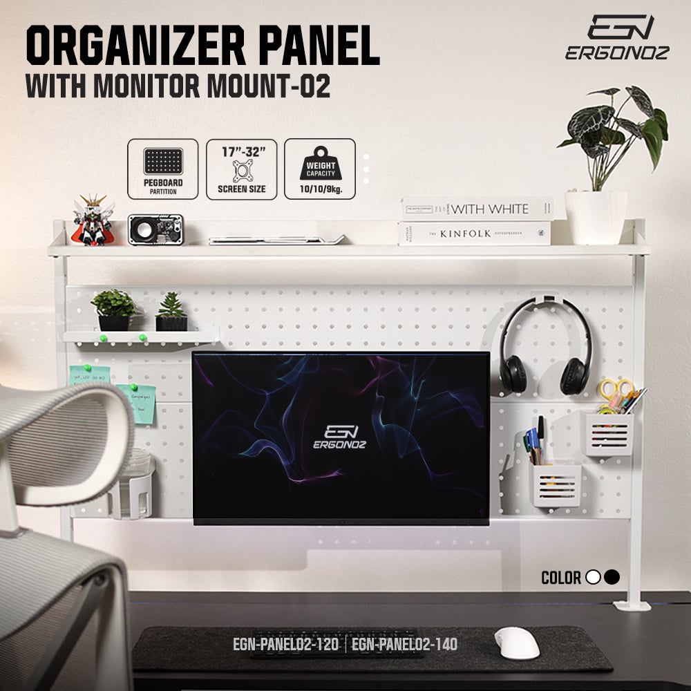 แผงบอร์ดสำหรับแขวนอุปกรณ์  ERGONOZ EGN-PANEL02-120-W, สีขาว (แผงจัดระเบียบพร้อมแขนจับจอมอนิเตอร์ 02)_2