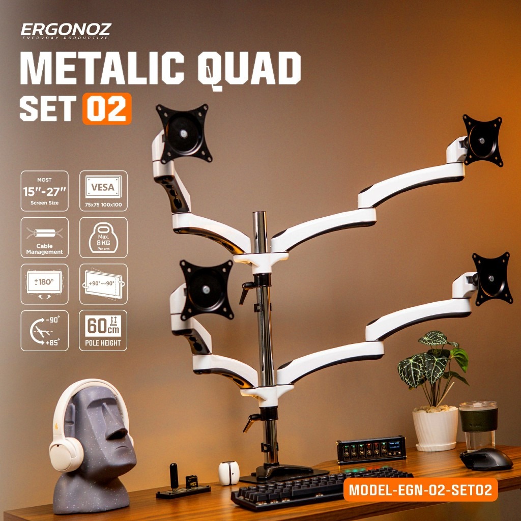 แขนจับจอ ERGONOZ รุ่น METALIC 02 DIY SET02 แขนเดี่ยว สำหรับหน้าจอ 15 - 27 นิ้ว จำนวน 4 จอ สีขาว (EGN-02-SET02-W)