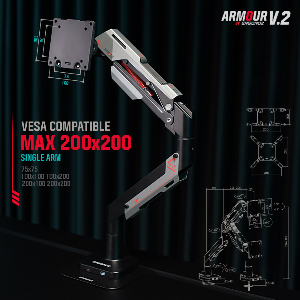 แขนจับจอ ERGONOZ รุ่น ARMOUR V.2 แขนเดี่ยว สำหรับหน้าจอ 24 - 57 นิ้ว สีเทาเข้มและดำด้าน (EGN-ARMOURV2-S)_2