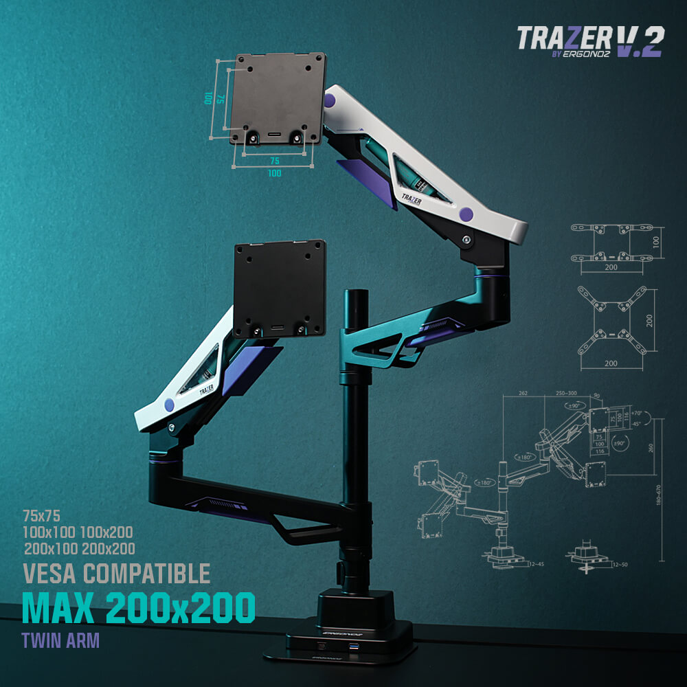 แขนจับจอ ERGONOZ รุ่น TRAZER V.2 แขนคู่ สำหรับหน้าจอ 24 - 57 นิ้ว สีดำด้าน, ขาวด้าน และม่วง (EGN-TRAZERV2-D)_3