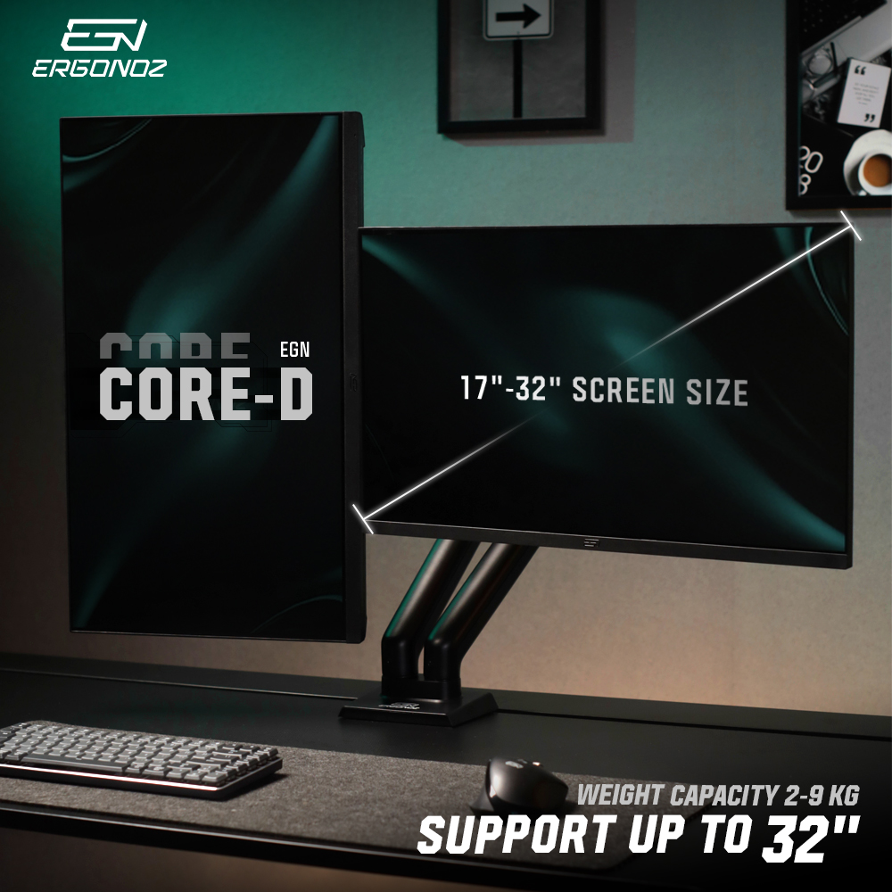 แขนจับจอ ERGONOZ รุ่น CORE แขนคู่ สำหรับหน้าจอ 17 - 32 นิ้ว สีดำ พร้อมที่วางแล็ปท็อป V.4 และพัดลมติดตัว สีดำ (EGN-C-D-B-ACC01V4-BF)