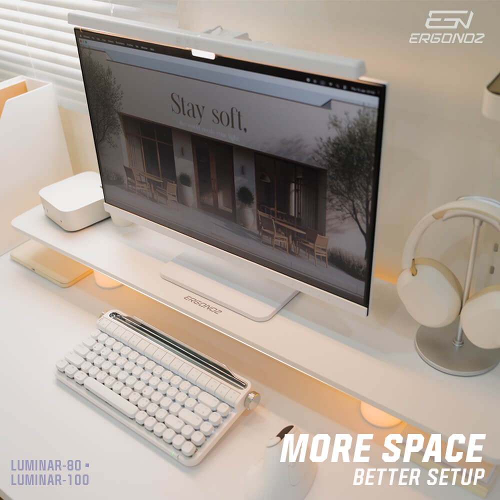 แท่นวางจอ ERGONOZ EGN-LUMINAR-80-W กว้าง 80 ซม., สีขาว (LEVATOR LUMINAR MONITOR RISER มีไฟ RGB)