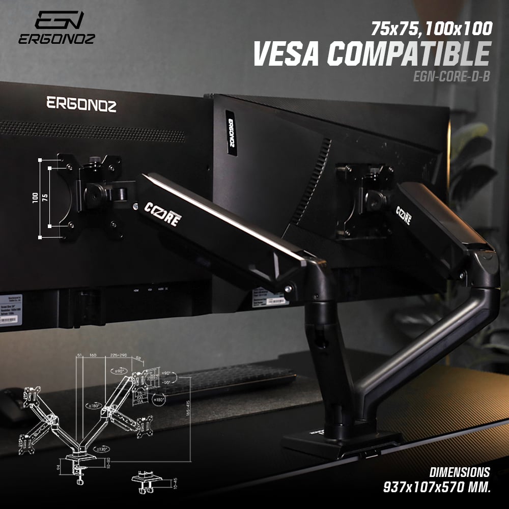 แขนจับจอ ERGONOZ รุ่น CORE แขนคู่ สำหรับหน้าจอ 17 - 32 นิ้ว สีดำ พร้อมที่วางแล็ปท็อป V.4 และพัดลมติดตัว สีดำ (EGN-C-D-B-ACC01V4-BF)