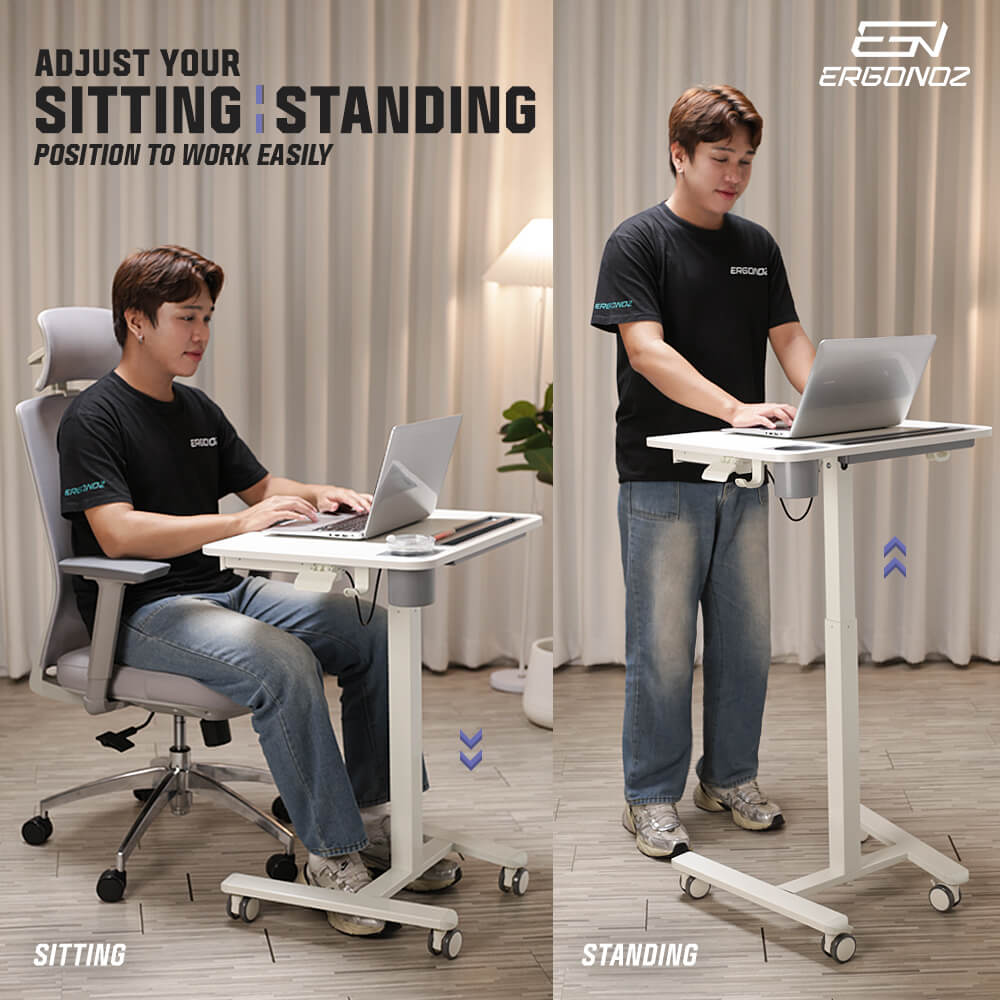 โต๊ะทำงานปรับระดับได้ มีแท่นวาง ลิ้นชัก และล้อเลื่อน ERGONOZ EGN-STA06-W, สีขาว (MULIT-PURPOSE MOBILE DESK WITH TABLE STAND & DRAWER)_5
