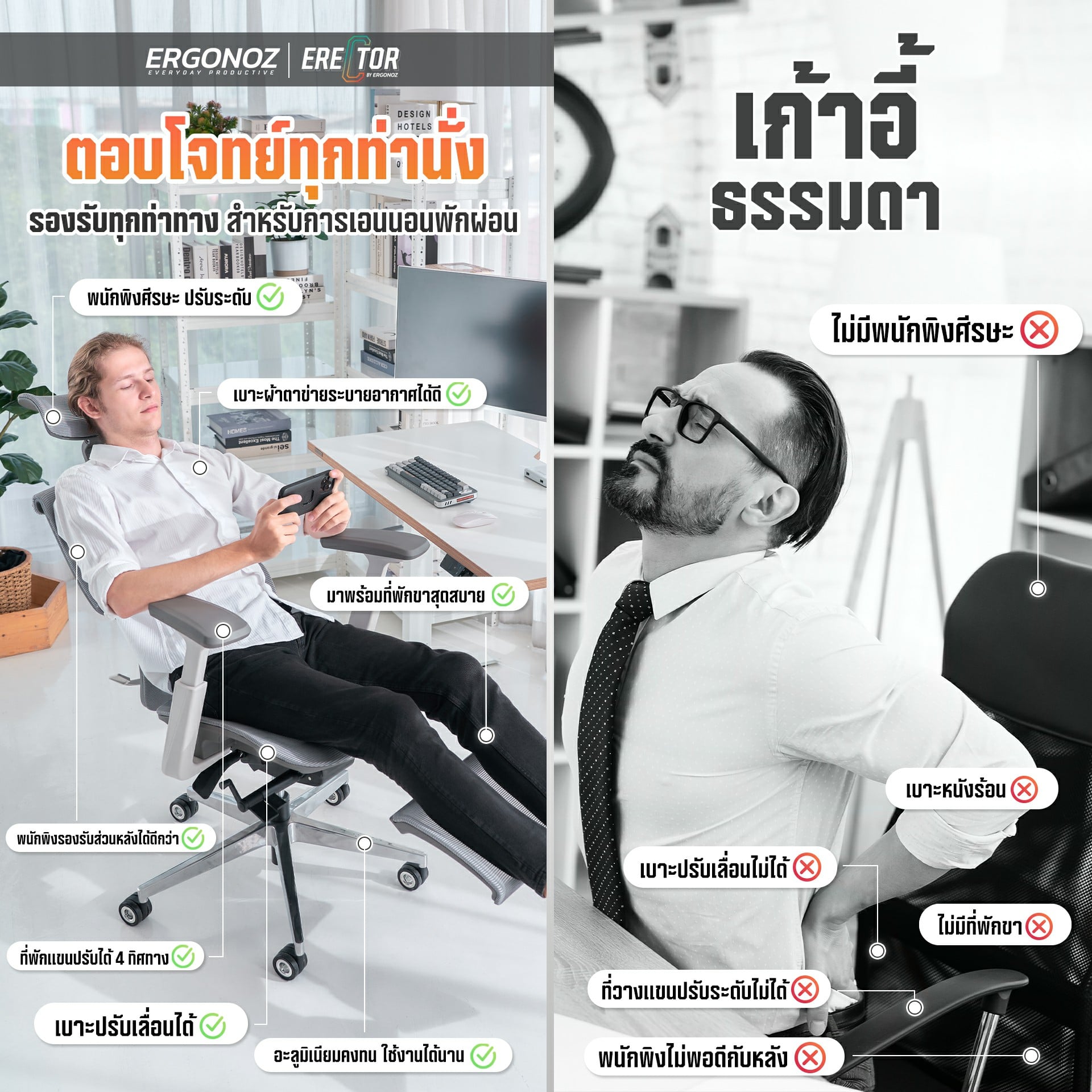 เก้าอี้ทำงาน เก้าอี้สุขภาพ ERGONOZ EGN-ERECTOR-G-1 สีเทา มีที่พักเท้า (ERECTOR ACTIVE LUMBAR ERGONOMIC CHAIR)_5