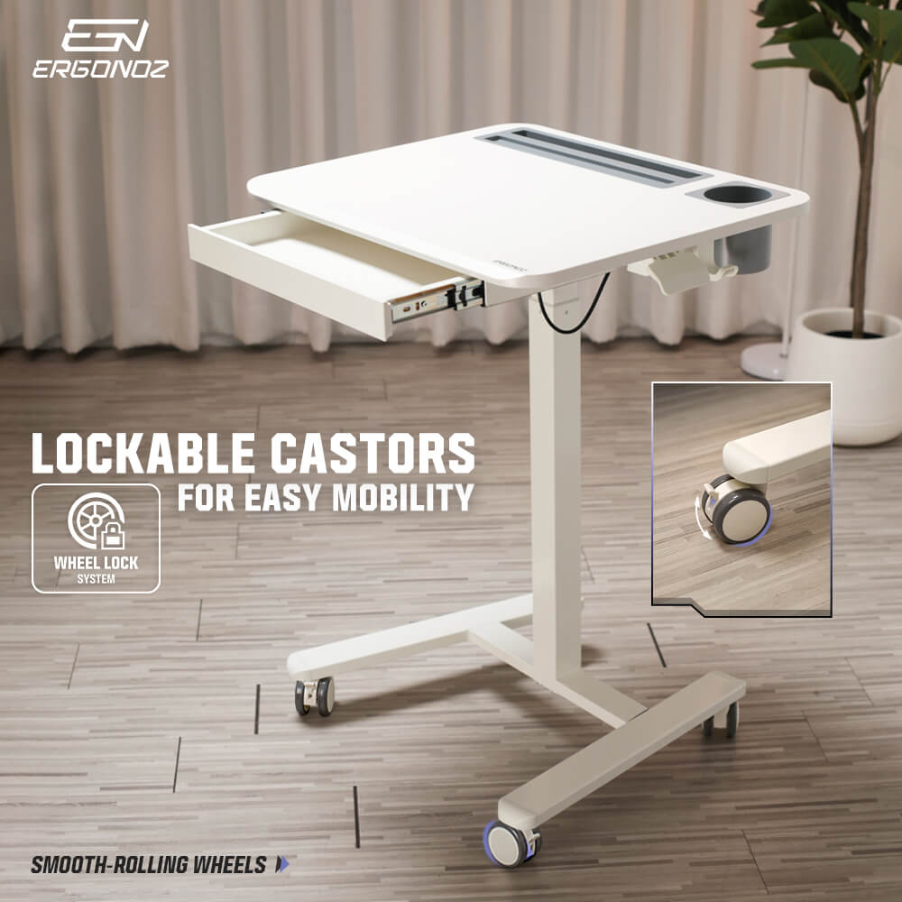 โต๊ะทำงานปรับระดับได้ มีแท่นวาง ลิ้นชัก และล้อเลื่อน ERGONOZ EGN-STA06-W, สีขาว (MULIT-PURPOSE MOBILE DESK WITH TABLE STAND & DRAWER)_6