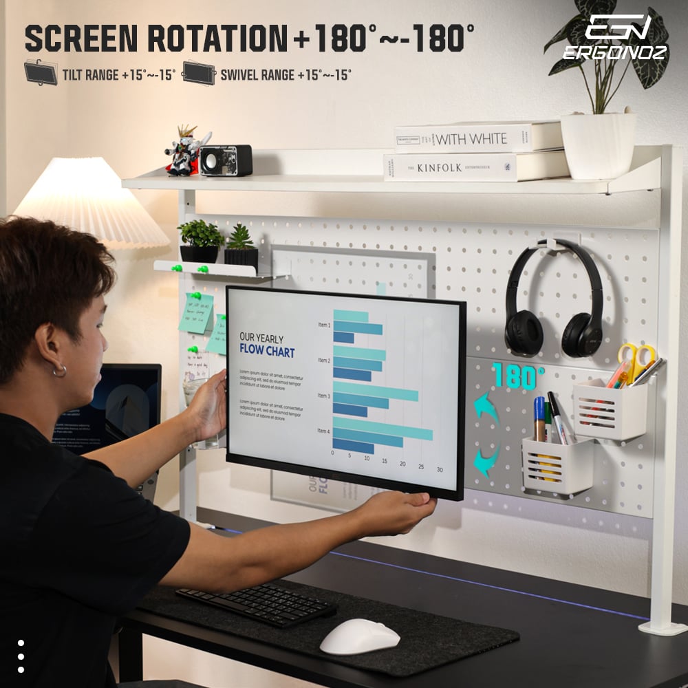 แผงบอร์ดสำหรับแขวนอุปกรณ์  ERGONOZ EGN-PANEL02-120-W, สีขาว (แผงจัดระเบียบพร้อมแขนจับจอมอนิเตอร์ 02)_6