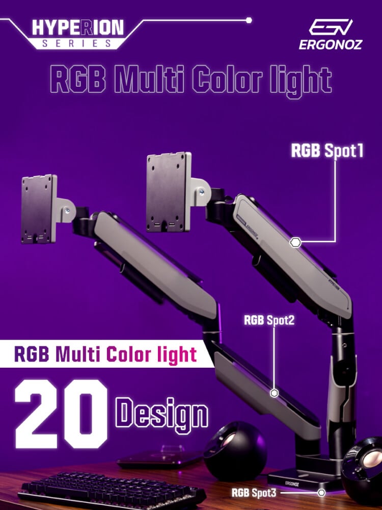 แขนจับจอ ERGONOZ รุ่น HYPERION HEAVY DUTY RGB แขนเดี่ยว สำหรับหน้าจอ 17-49 นิ้ว สีดำด้านและเทาเข้ม (EGN-HPR-S-DG-RGB)_9