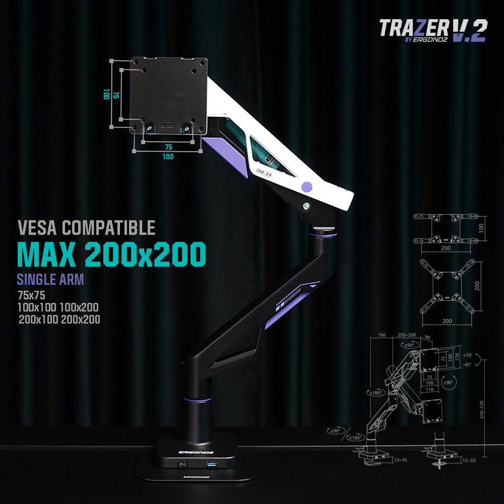 แขนจับจอ ERGONOZ รุ่น TRAZER V.2 แขนเดี่ยว สำหรับหน้าจอ 24 - 57 นิ้ว สีดำด้าน, ขาวด้าน และม่วง (EGN-TRAZERV2-S)_3