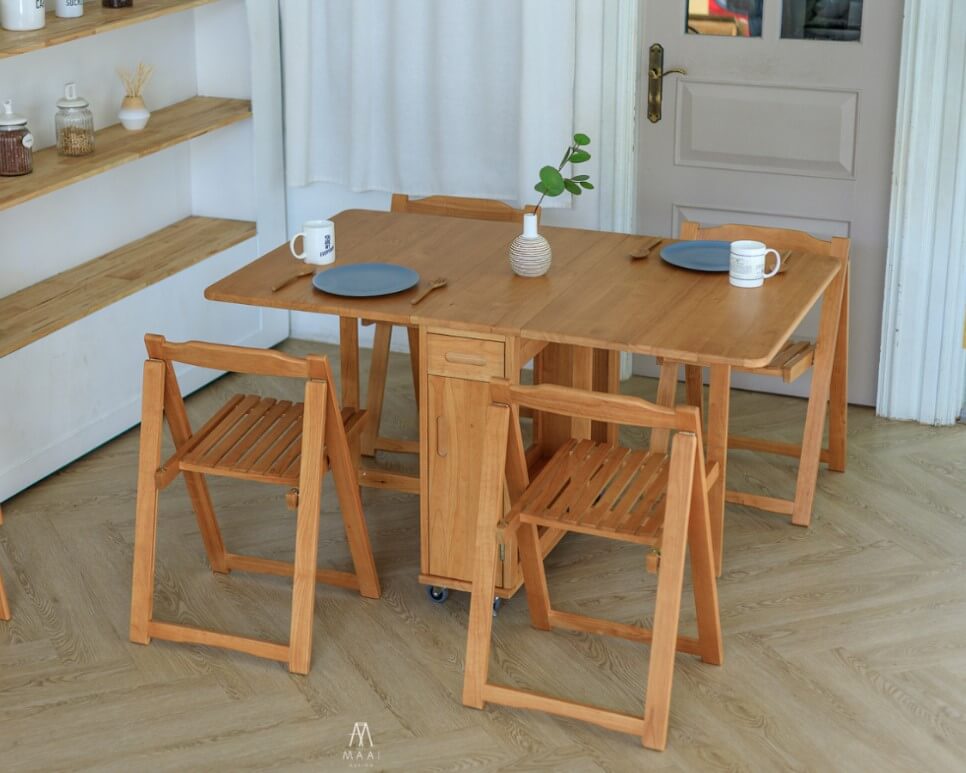 ชุดโต๊ะทานข้าวไม้ยางพาราแท้ 4 ที่นั่งพับเก็บได้ MAAI DESIGN  รุ่น BUTTERFLY TABLE SET สีโอ๊ค