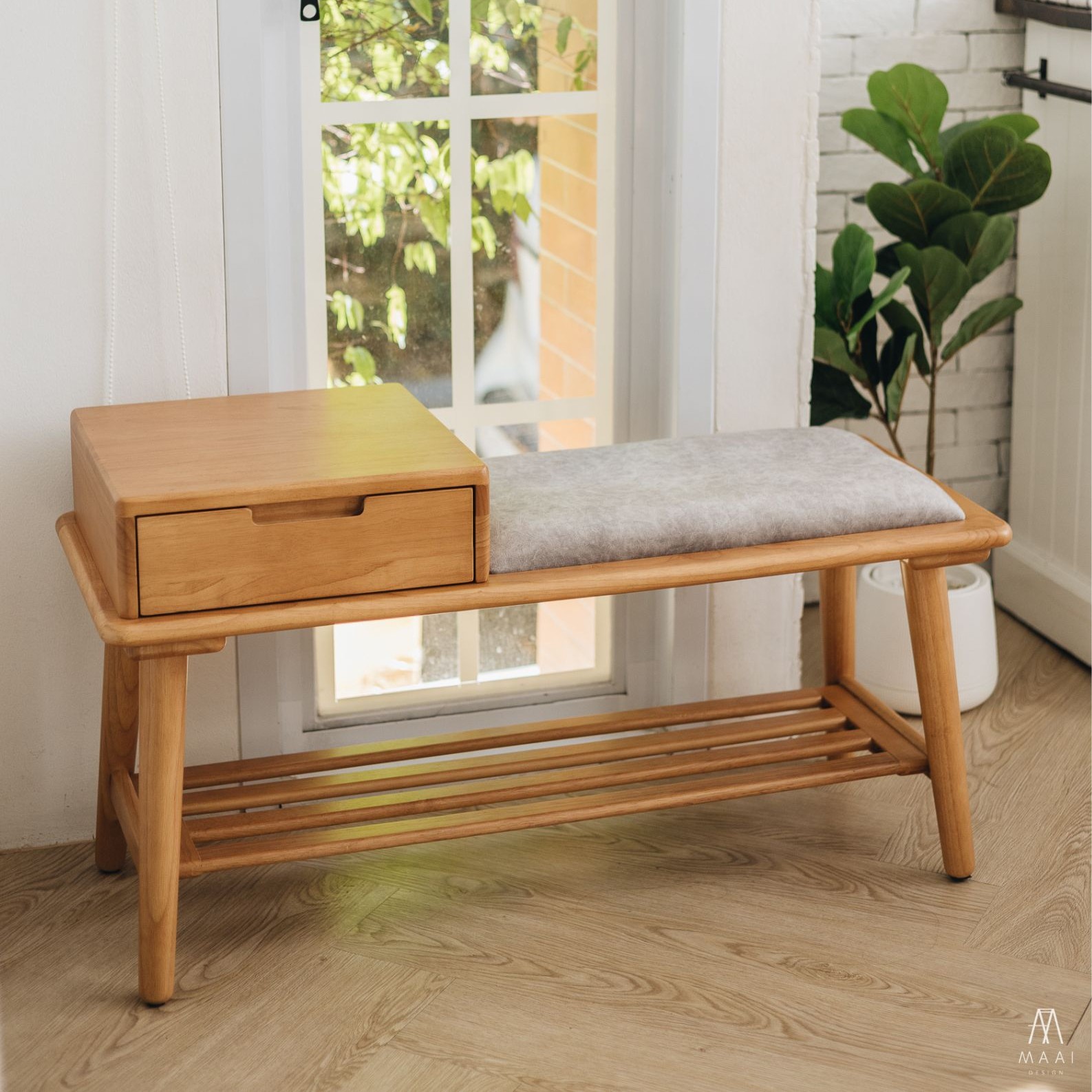 ม้านั่งใส่รองเท้าไม้ยางพารา MAAI DESIGN รุ่น KUTSU BENCH สีโอ๊ค_3
