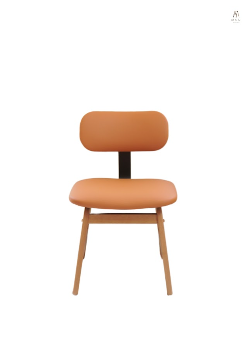 เก้าอี้ไม้ยางพารา MAAI DESIGN MIKUSU CHAIR(SMT PU) สีส้ม(ขาสีโอ๊ค) เบาะหนังหนานุ่ม พนักพิงเหล็ก_4