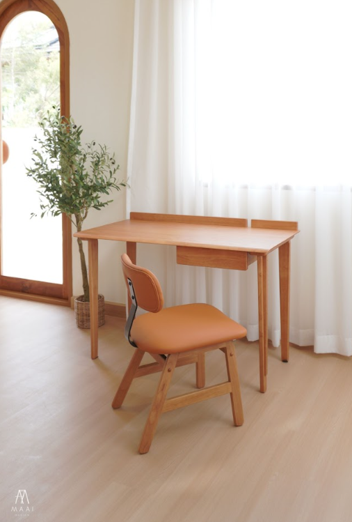 เก้าอี้ไม้ยางพารา MAAI DESIGN MIKUSU CHAIR(SMT PU) สีส้ม(ขาสีโอ๊ค) เบาะหนังหนานุ่ม พนักพิงเหล็ก_5