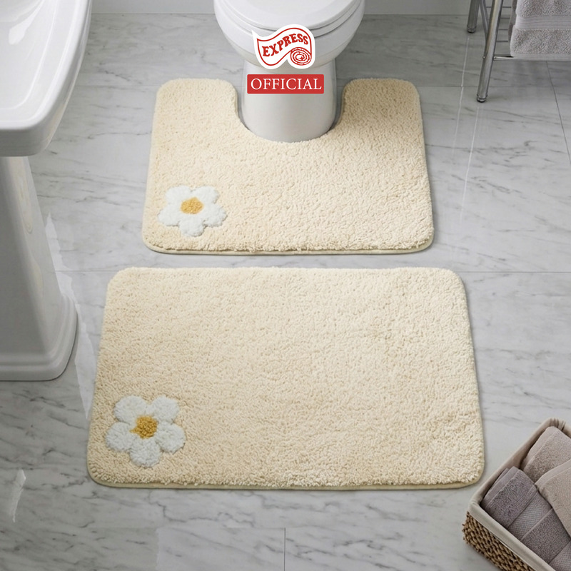 พรมเช็ดเท้าชุดห้องน้ำ 2 ชิ้น EXPRESS CARPET รุ่น AG6-5 ขนาด45X70 ซม.และ พรมรูปตัว U 50X60 ซม. หนา 20 มม. สีครีม _1