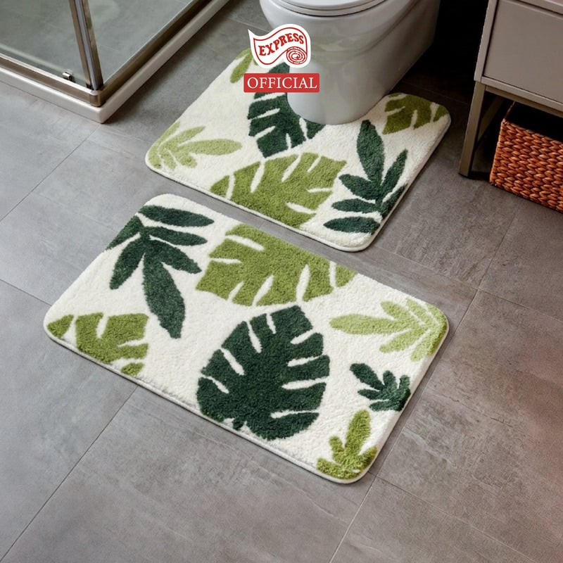 พรมเช็ดเท้าชุดห้องน้ำ 2 ชิ้น EXPRESS CARPET รุ่น AG6-8 ขนาด45X70 ซม.และ พรมรูปตัว U 50X60 ซม. หนา 18-23 มม. สีขาว/เขียว _1
