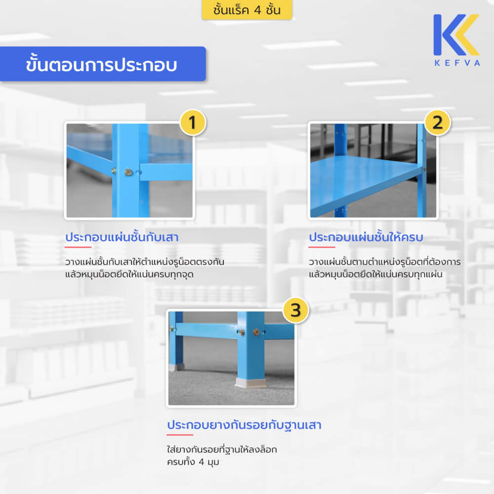 ชั้นวางของเหล็ก KEFVA 4 ชั้น ชั้นแร็คอเนกประสงค์ รับน้ำหนัก 100 กก./ชั้น ขนาด 40X120X150 ซม. สีฟ้า
