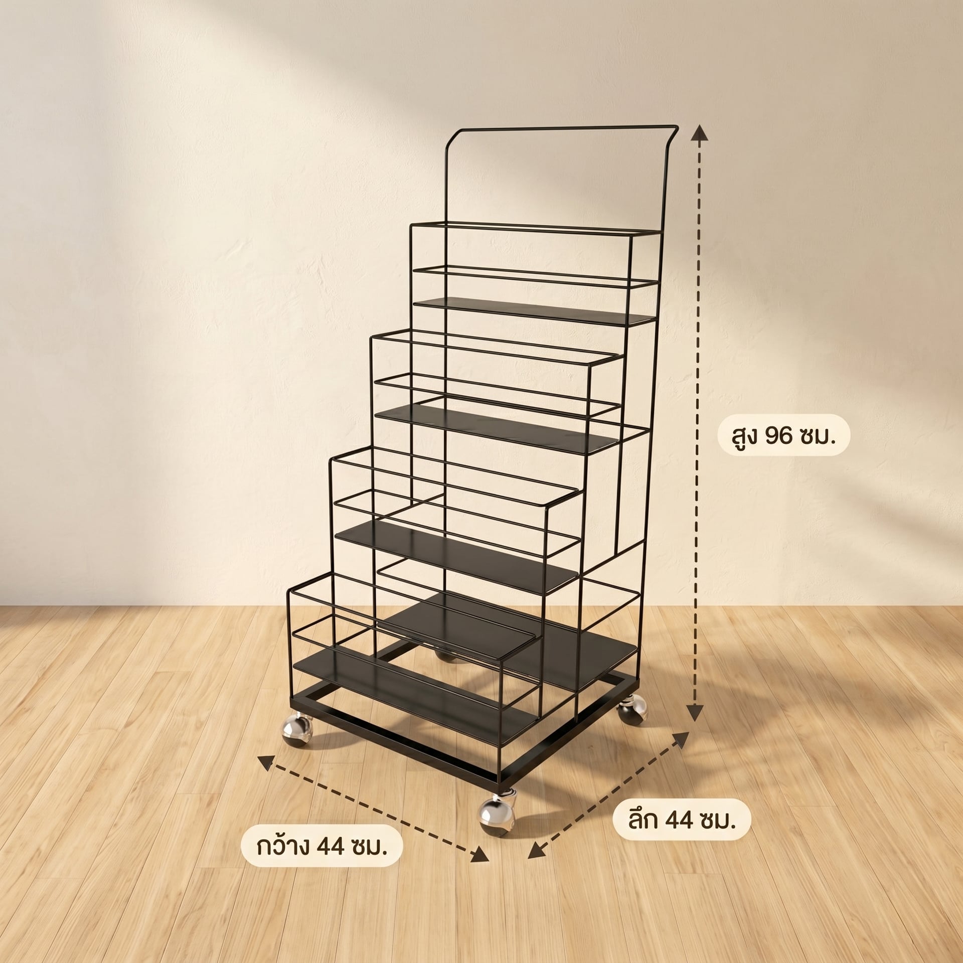 ชั้นจัดระเบียบ KEFVA 4 ชั้น มีล้อเลื่อน วางขวดได้ 20 ขวด ขนาด 44X44X96 ซม. สีเทา_2