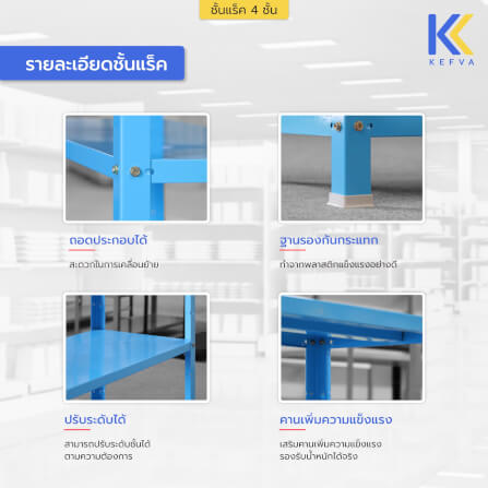 ชั้นวางของเหล็ก KEFVA 4 ชั้น ชั้นแร็คอเนกประสงค์ รับน้ำหนัก 100 กก./ชั้น ขนาด 40X120X150 ซม. สีฟ้า_3