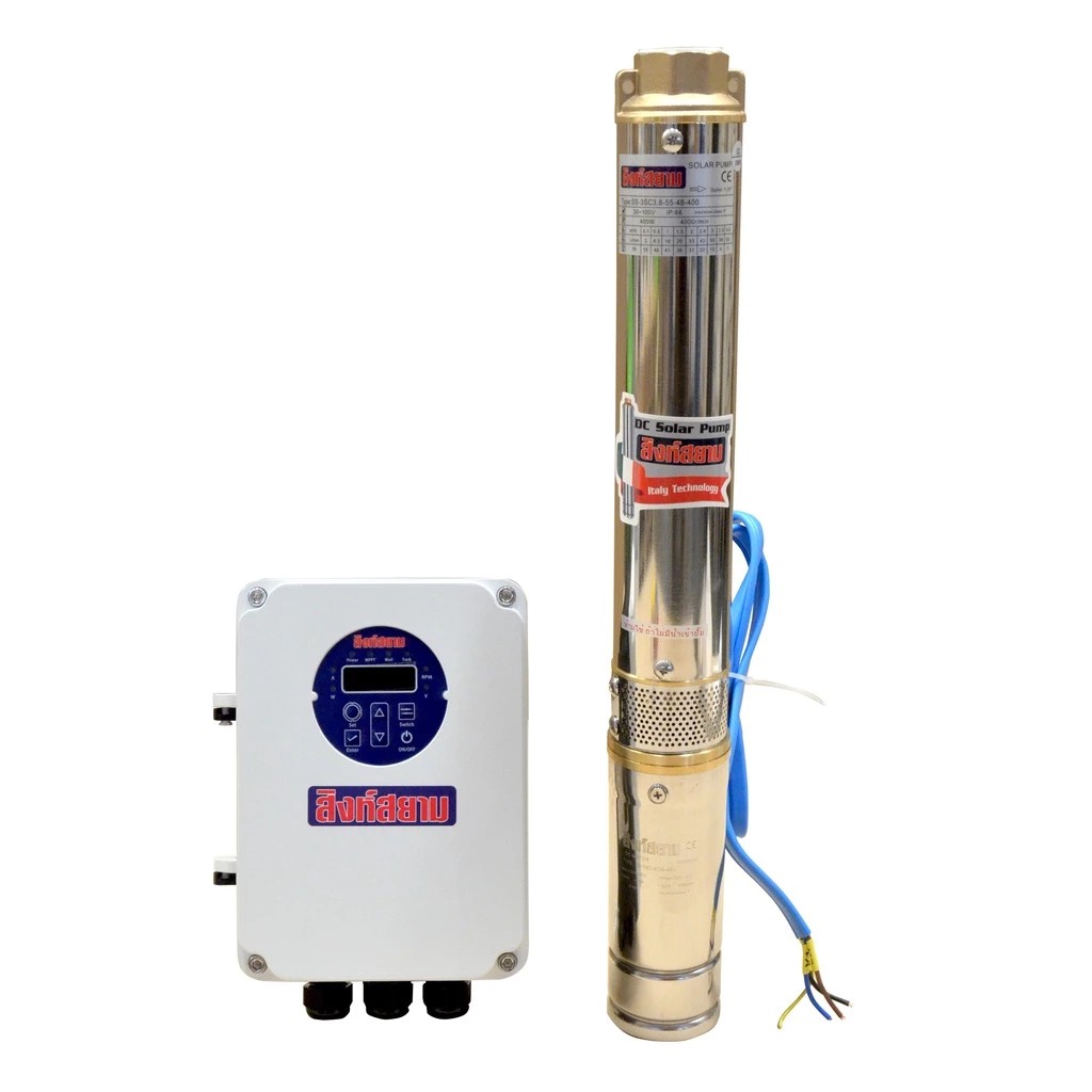 ปั๊มบาดาลโซล่าเซลล์ สิงห์สยาม รุ่น  SS-3SC3.8-55-48-400 ขนาดบ่อ 3 นิ้ว กำลังไฟ 400 วัตต์
