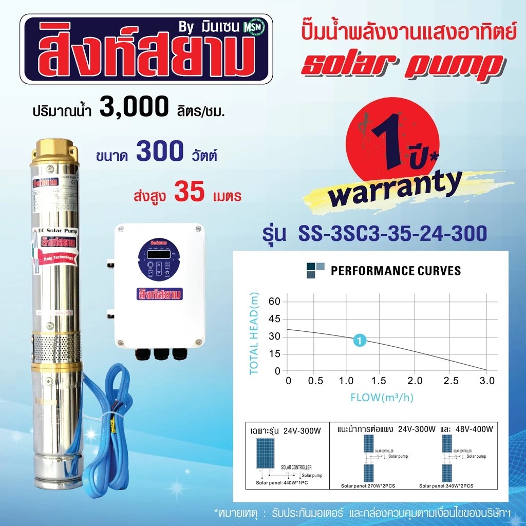 ปั๊มบาดาลโซล่าเซลล์ สิงห์สยาม รุ่น  SS-3-SC3-35-24-300 ขนาดบ่อ 3 นิ้ว กำลังไฟ 300 วัตต์